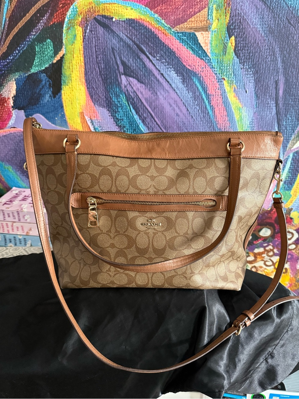 Coach Brown Signature Canvas Tote with Tan Leather Trim